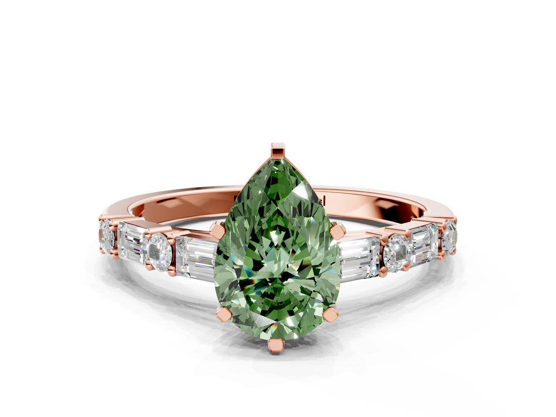 Rose gold Fancy Green Pear  Solitaire with Side Baguettes and Channel Set Band_45