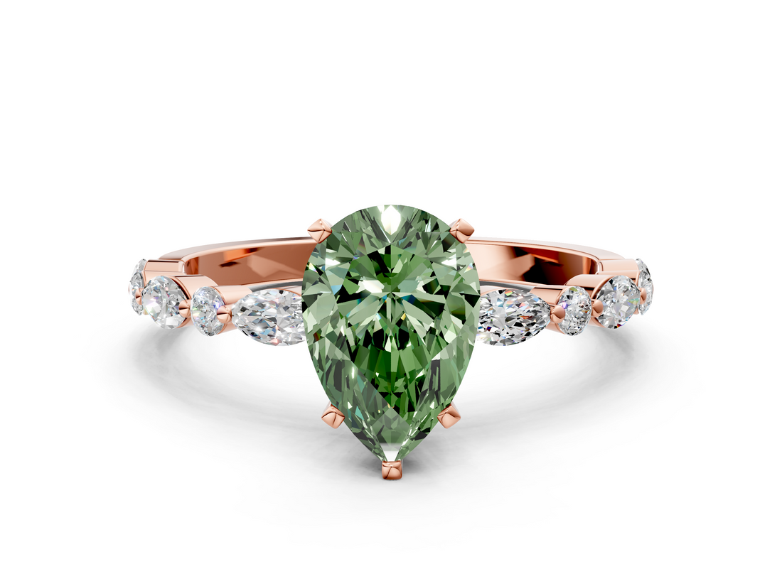 Rose gold Fancy Green Pear  Solitaire with Side Stones on a Pavé Band and Four-Prong Setting_23