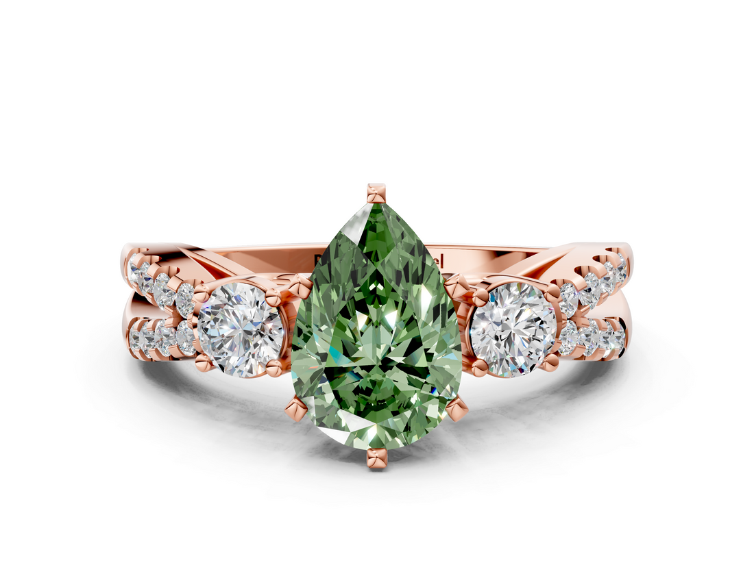 Rose gold Fancy Green Pear  Three-Stone Diamond Ring with Pavé Split Shank and Four-Prong Setting_96
