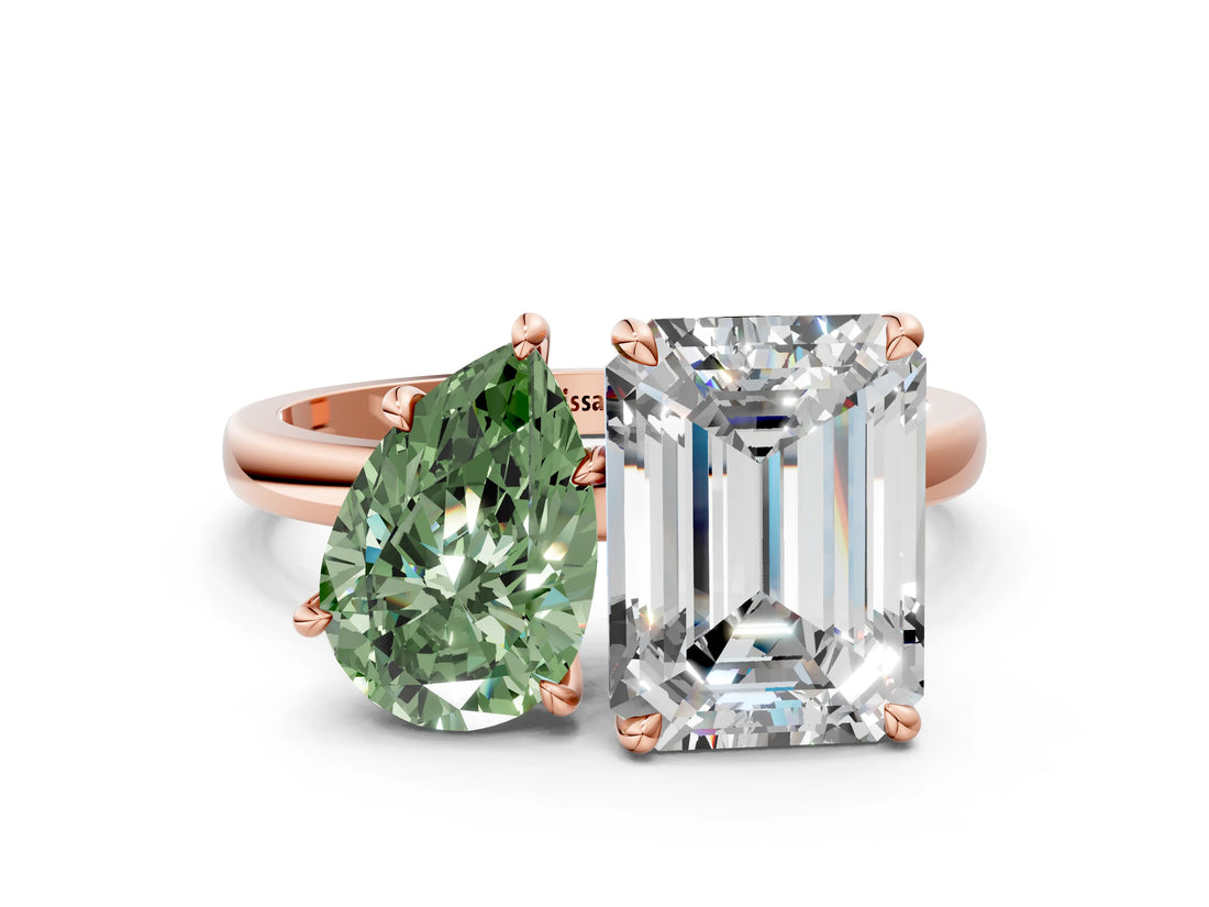 Rose gold Fancy Green Pear  and Emerald Cut Toi Moi Ring with Prong Setting_63