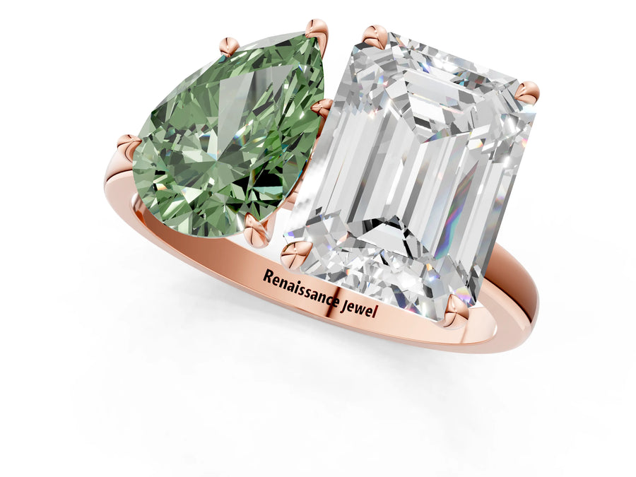 Rose gold Fancy Green Pear  and Emerald Cut Toi Moi Ring with Prong Setting