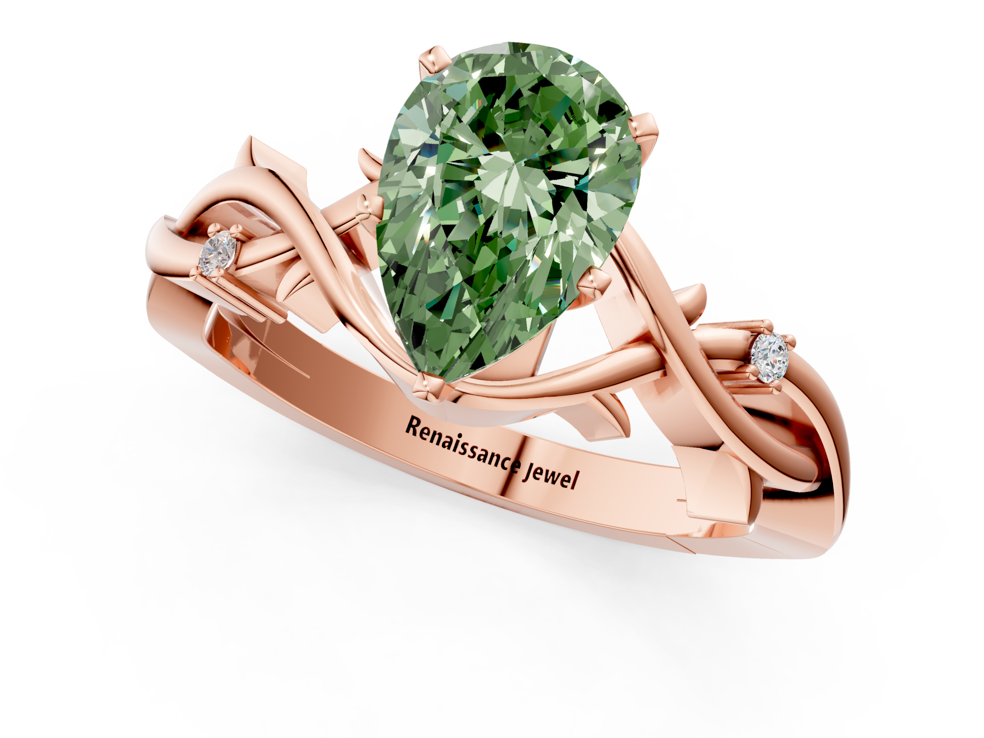 Rose gold Fancy Green Pear cut Solitaire Twisted Band Prong Setting Ring_198