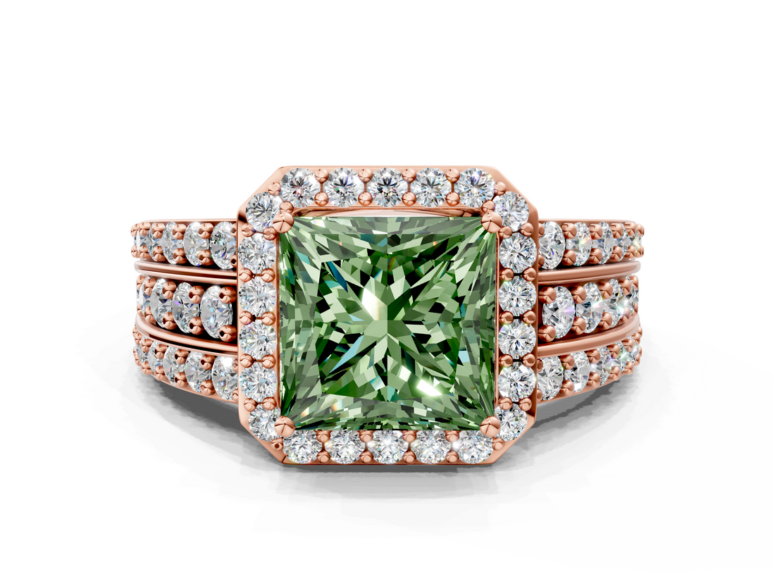 Rose gold Fancy Green Princess -Cut Halo Diamond Ring with Split Shank and Four-Prong Setting_17