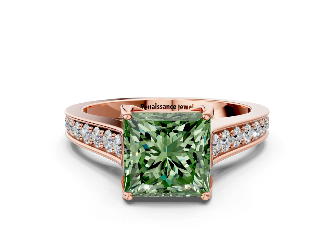 Rose gold Fancy Green Princess  Brilliant Cut Diamond Engagement Ring with Pavé Band and Four-Prong Setting_29