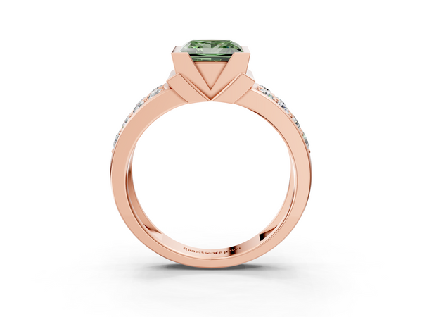 Rose Gold Princess Cut Half Bezel Channel Set Engagement Ring Setting for Fancy Green Center