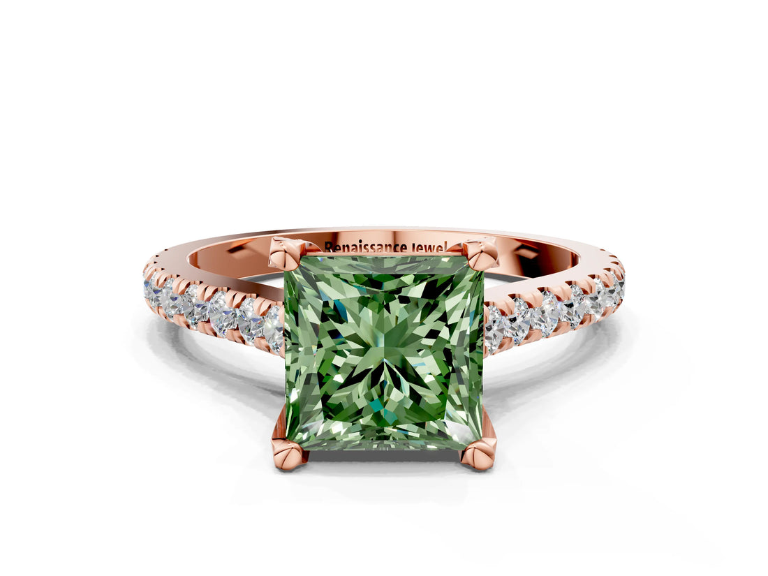 Rose gold Fancy Green Princess  Brilliant Diamond Solitaire with Pavé Band and Four-Prong Setting 1