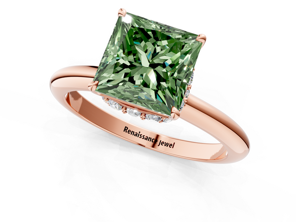 Rose gold Fancy Green Princess  Brilliant Solitaire Engagement Ring with Six-Prong Setting and Classic Band