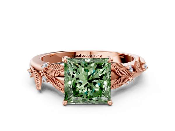Rose gold Fancy Green Princess Cut Diamond Solitaire Ring with Leaf Motif Band and Four-Prong Setting