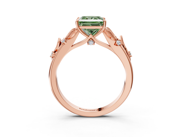 Rose gold Fancy Green Princess Cut Diamond Solitaire Ring with Leaf Motif Band and Four-Prong Setting