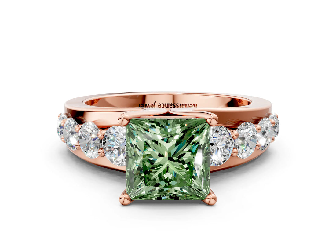 Rose gold Fancy Green Princess  Brilliant Solitaire with Side Stones on a Pave Band and Four-Prong Setting_24