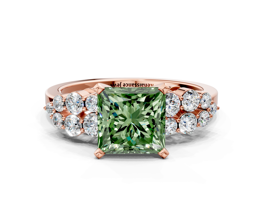 Rose gold Fancy Green Princess  Cluster Diamond Engagement Ring with Pavé Band and Four-Prong Setting