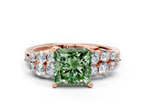 Rose gold Fancy Green Princess  Cluster Diamond Engagement Ring with Pavé Band and Four-Prong Setting