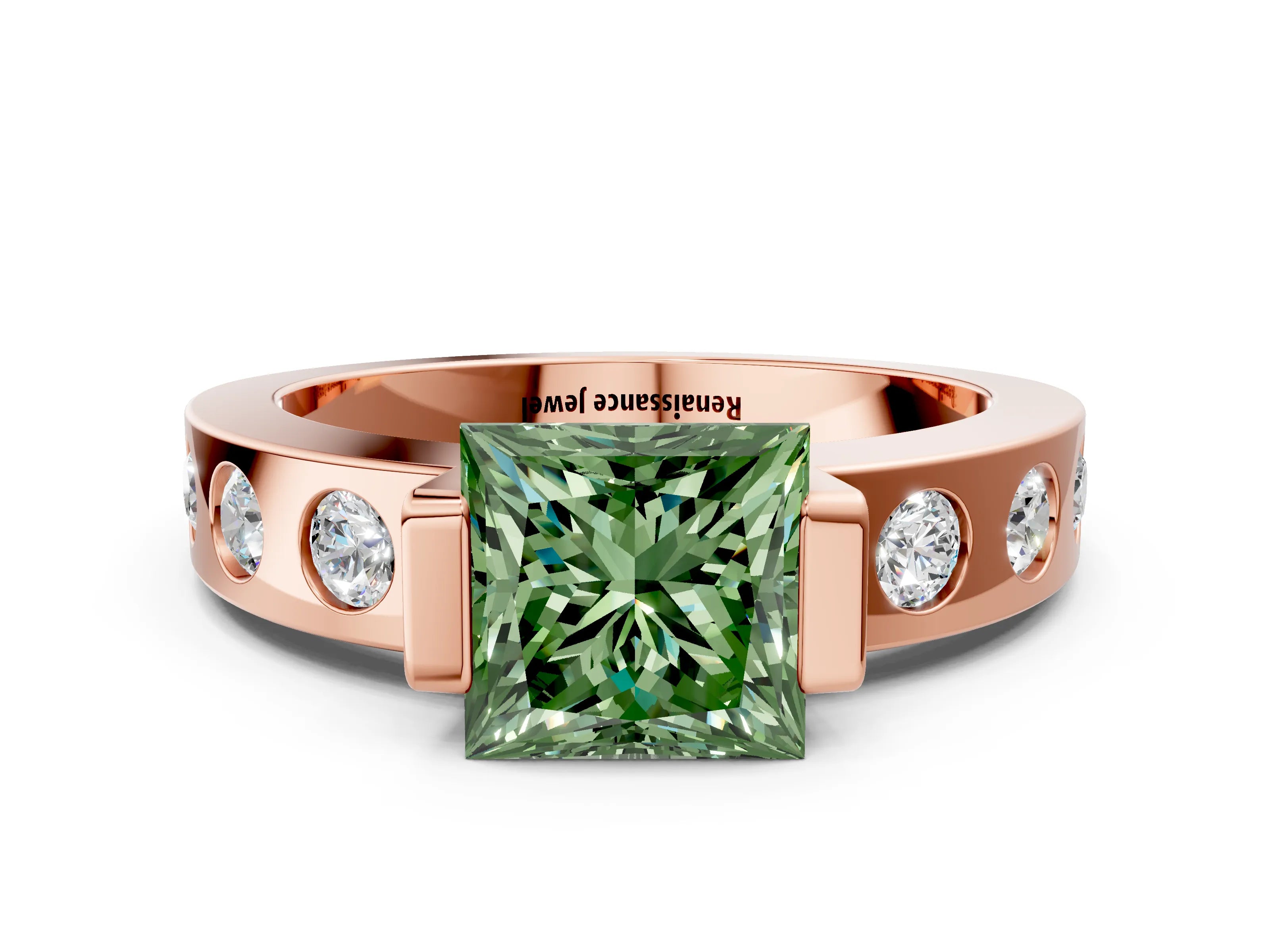 Rose gold Fancy Green Princess Cut Brilliant Channel-Set Diamond Ring with Bezel Prong Setting