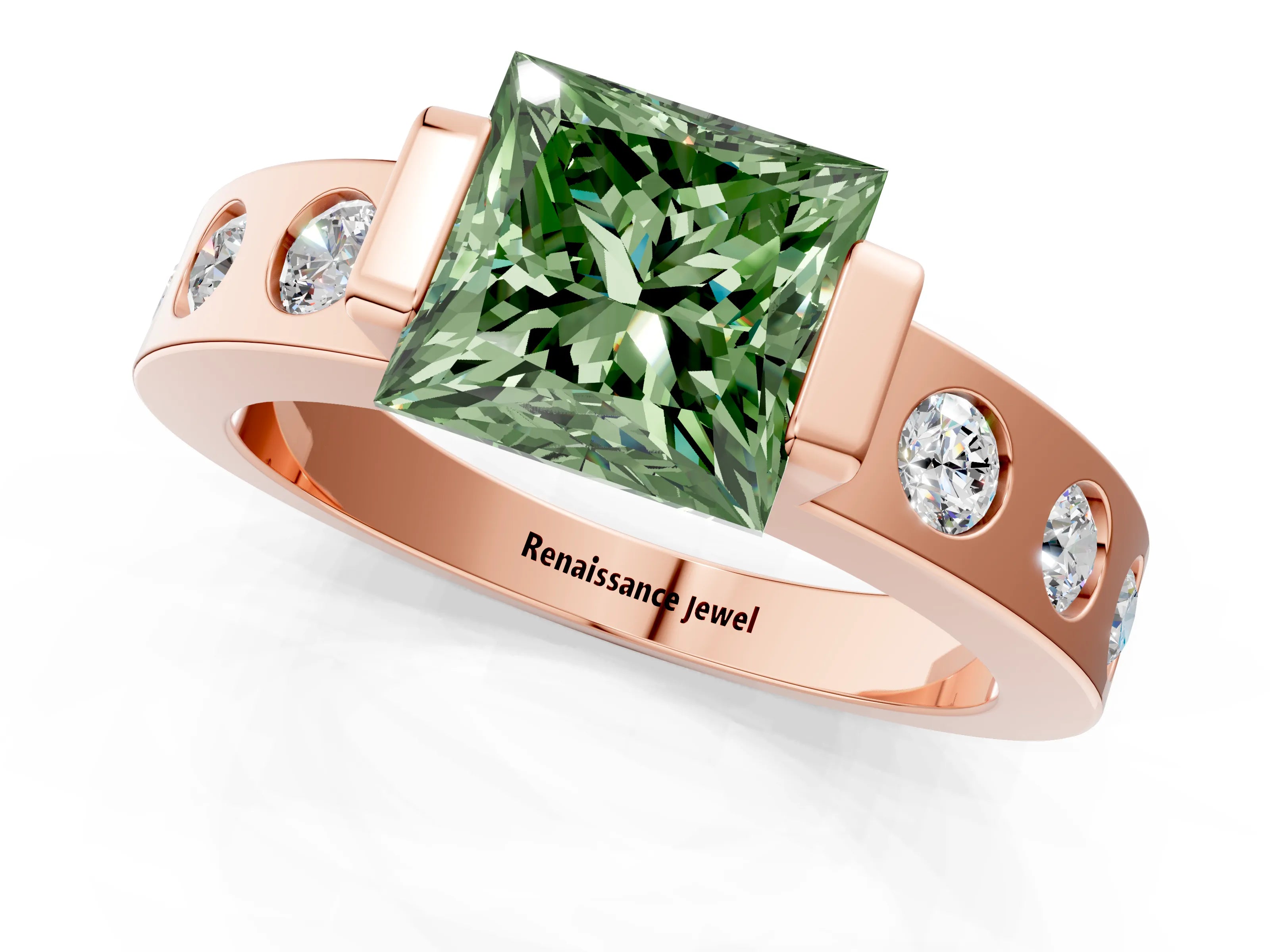 Rose gold Fancy Green Princess Cut Brilliant Channel-Set Diamond Ring with Bezel Prong Setting_1