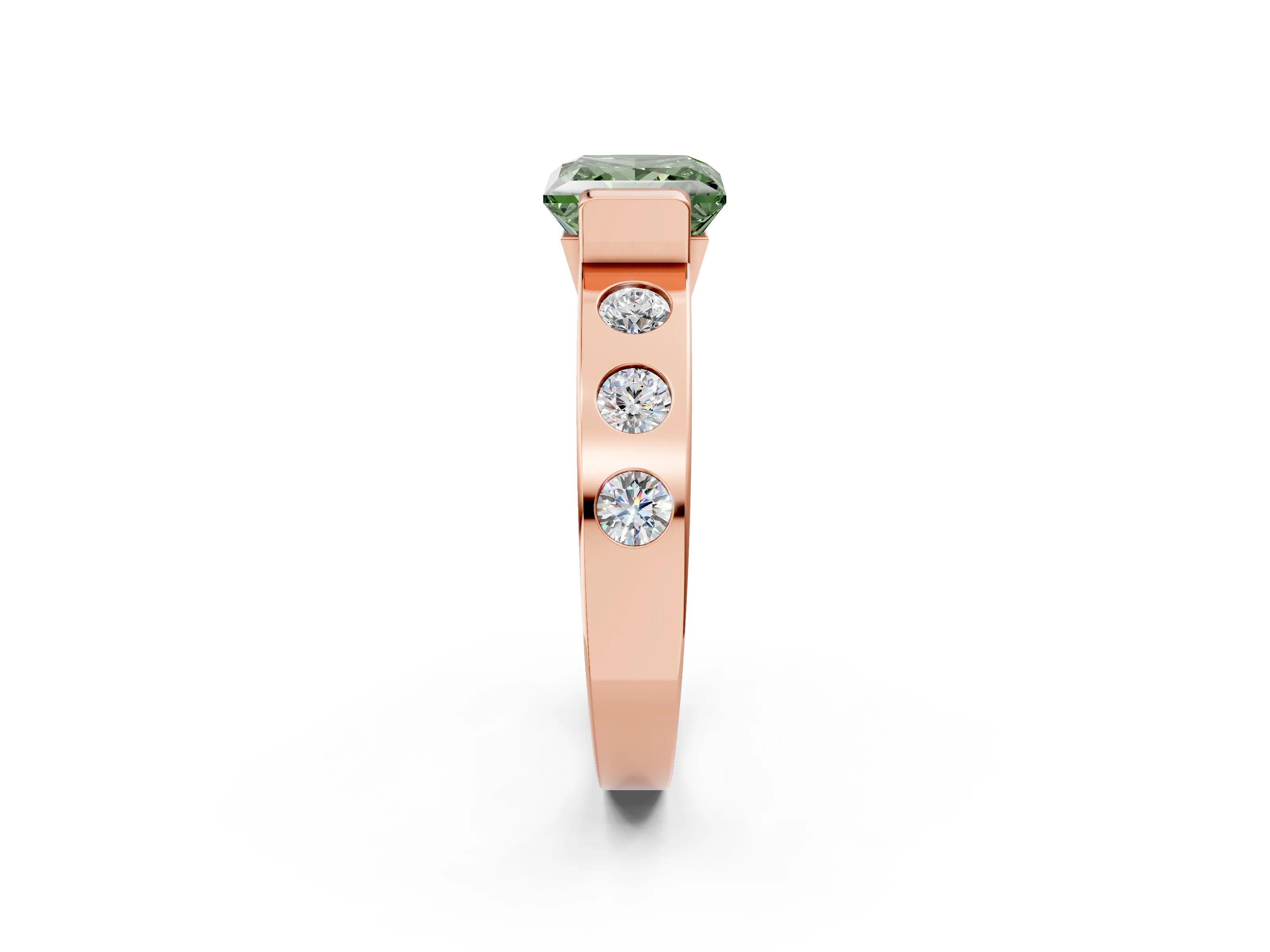 Rose gold Fancy Green Princess Cut Brilliant Channel-Set Diamond Ring with Bezel Prong Setting_2