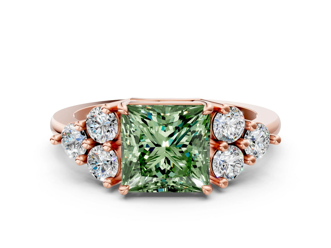 Rose gold Fancy Green Princess Cut Brilliant Diamond Cluster Accent Solitaire Ring with Prong Setting