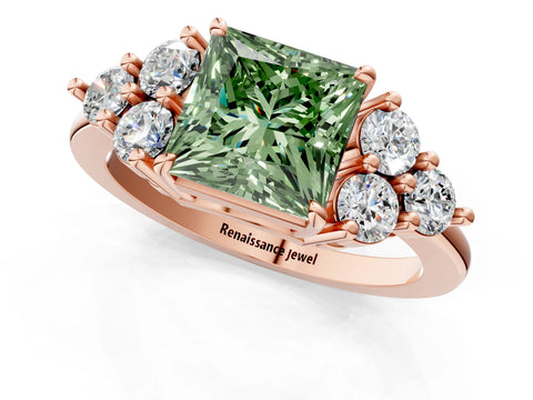 Rose gold Fancy Green Princess Cut Brilliant Diamond Cluster Accent Solitaire Ring with Prong Setting_1
