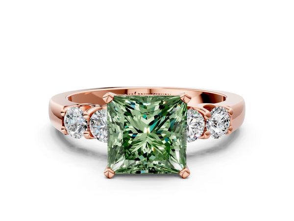 Rose gold Fancy Green Princess Cut Brilliant Diamond Five-Stone Engagement Ring with Prong Setting on a Classic Band