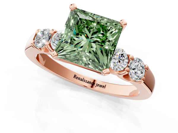Rose gold Fancy Green Princess Cut Brilliant Diamond Five-Stone Engagement Ring with Prong Setting on a Classic Band
