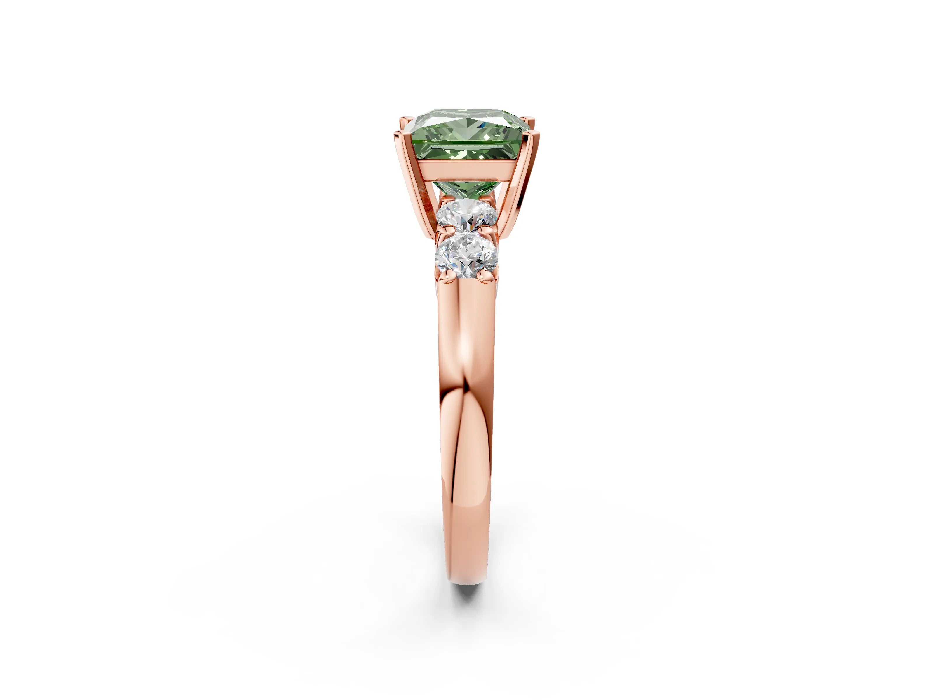 Rose gold Fancy Green Princess Cut Brilliant Diamond Five-Stone Engagement Ring with Prong Setting on a Classic Band_5