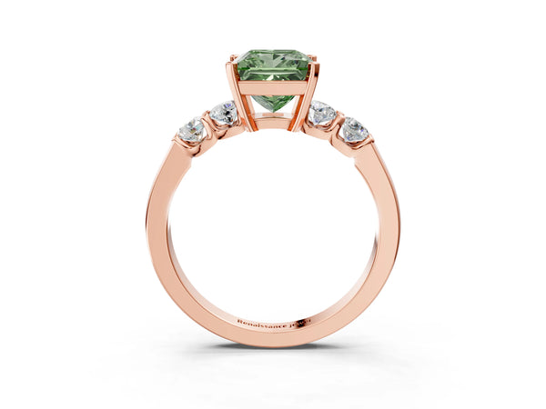 Rose gold Fancy Green Princess Cut Brilliant Diamond Five-Stone Engagement Ring with Prong Setting on a Classic Band