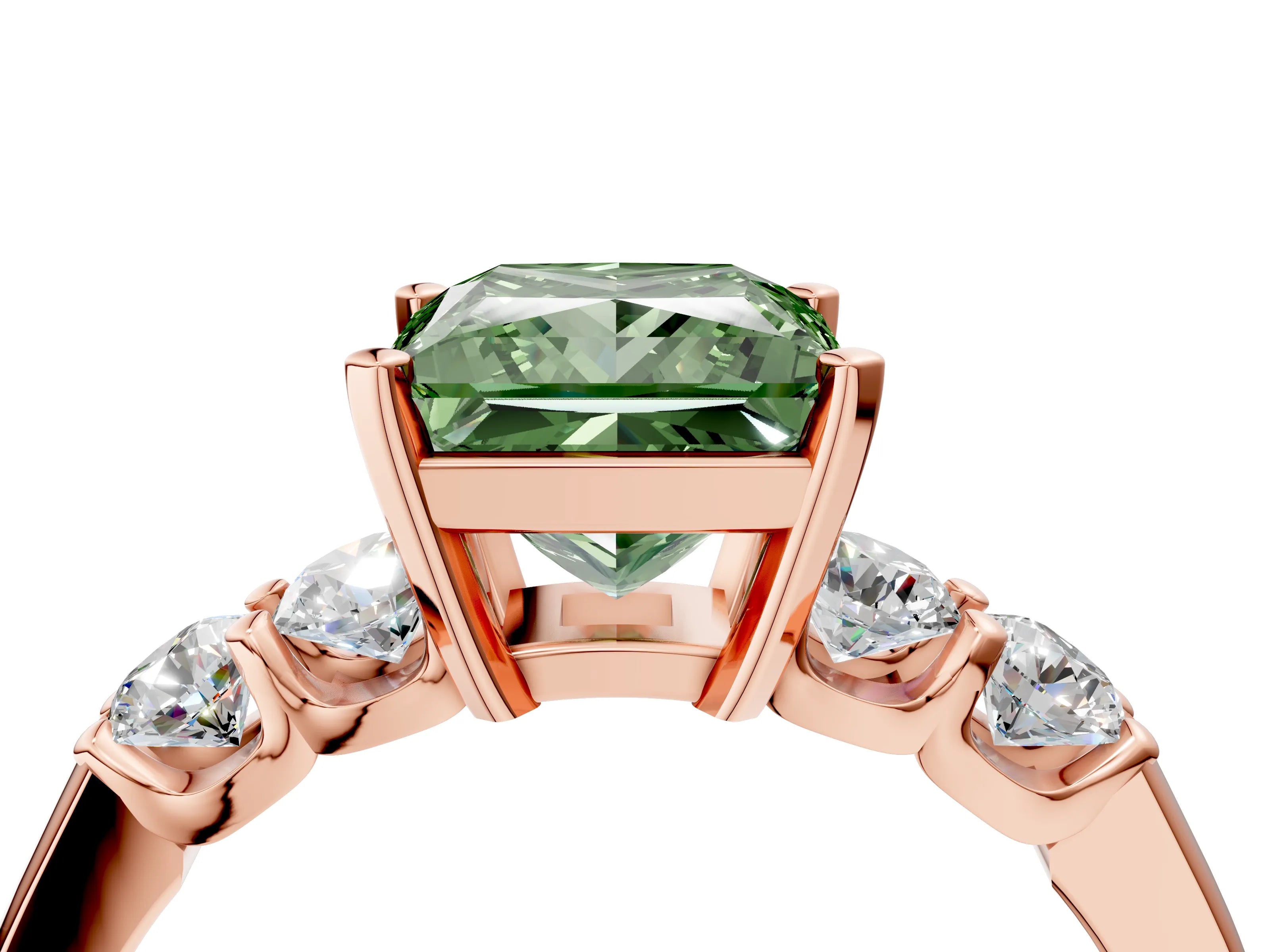 Rose gold Fancy Green Princess Cut Brilliant Diamond Five-Stone Engagement Ring with Prong Setting on a Classic Band_7