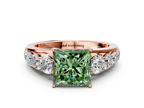 Rose gold Fancy Green Princess Cut Brilliant Diamond Pavé Band with Six-Prong Setting