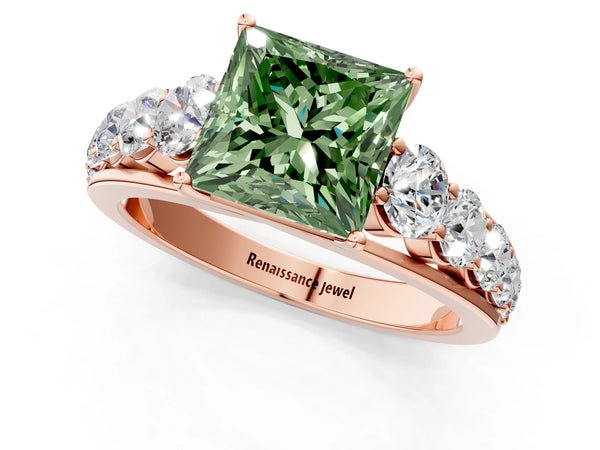 Rose gold Fancy Green Princess Cut Brilliant Diamond Pavé Band with Six-Prong Setting