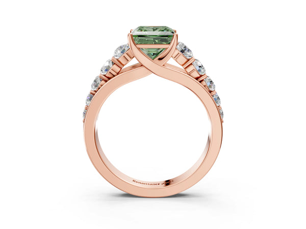 Rose gold Fancy Green Princess Cut Brilliant Diamond Pavé Band with Six-Prong Setting