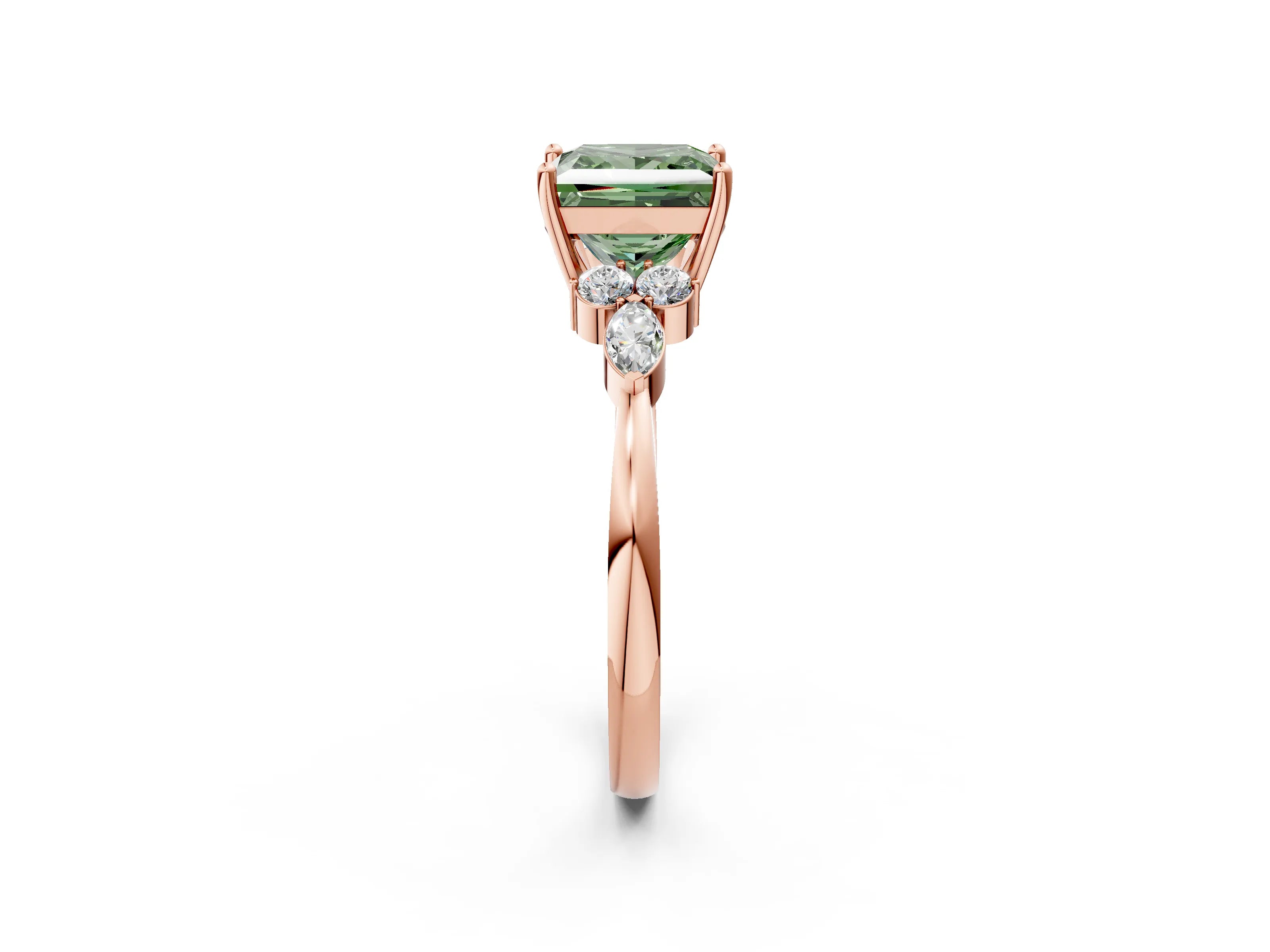 Rose gold Fancy Green Princess Cut Brilliant Diamond Solitaire Ring with Pear Side Stones and Four-Prong Setting_5
