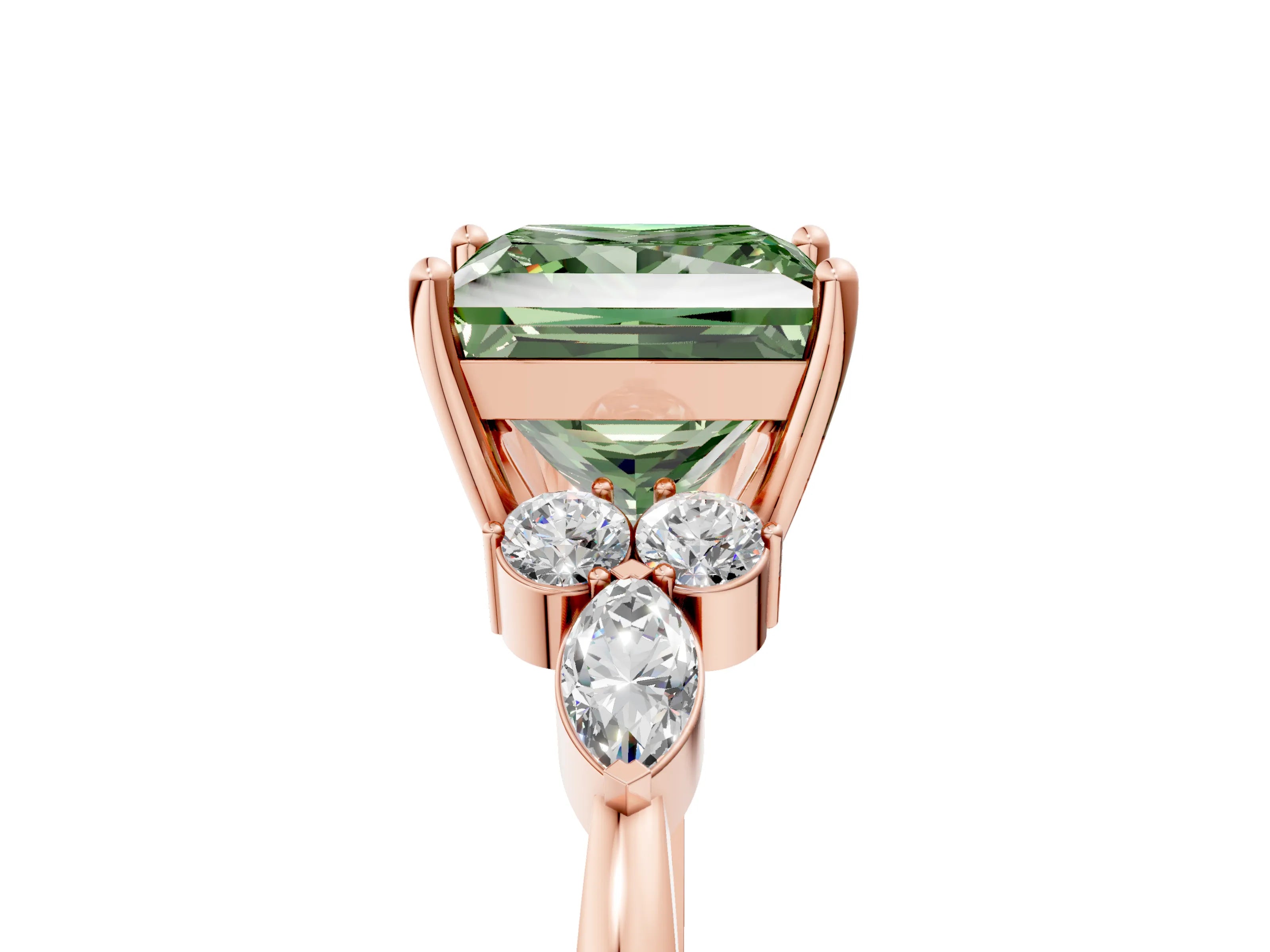 Rose gold Fancy Green Princess Cut Brilliant Diamond Solitaire Ring with Pear Side Stones and Four-Prong Setting_8