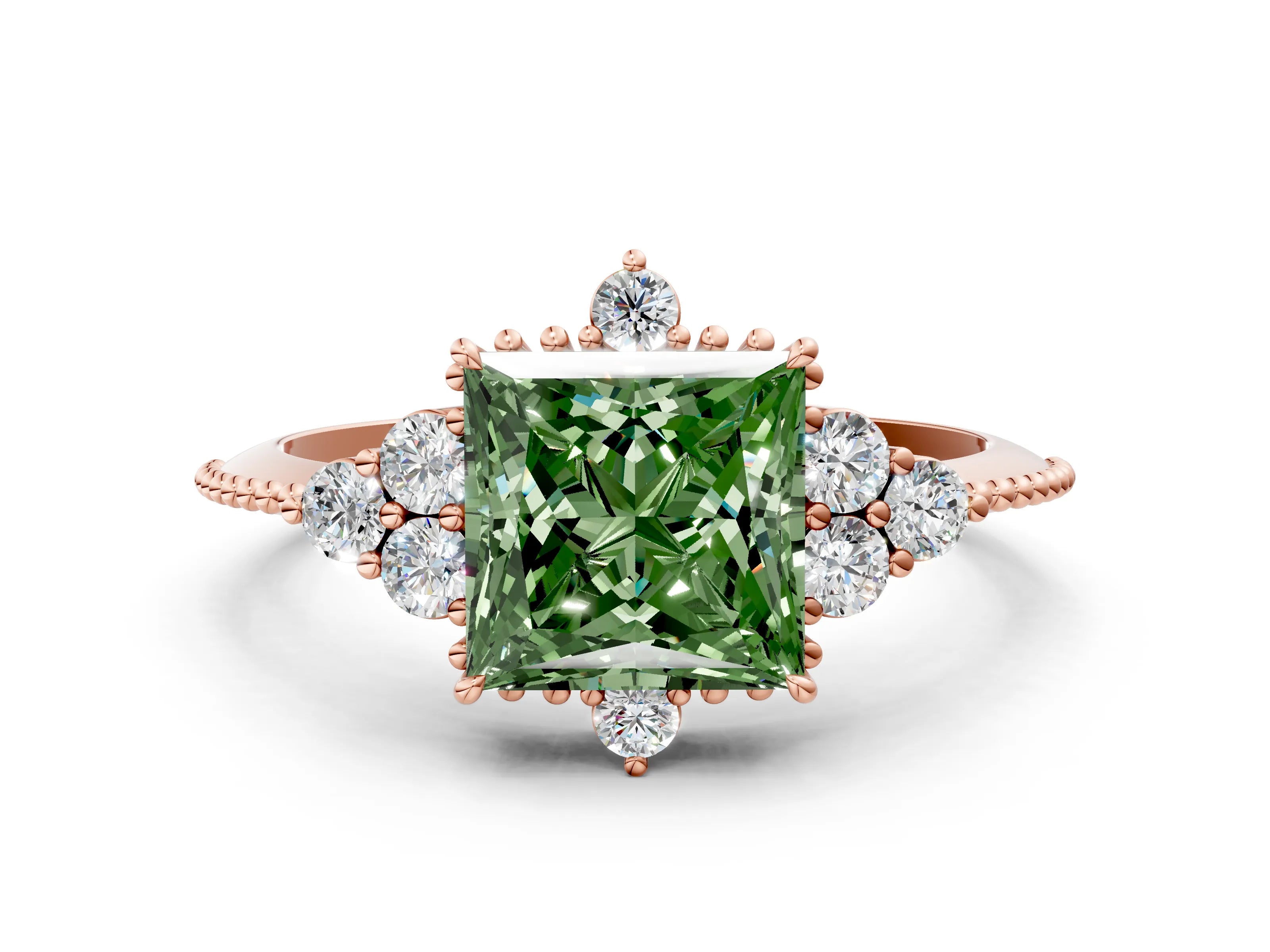 Rose gold Fancy Green Princess Cut Brilliant Diamond with Cluster Setting on a Beaded Band and Four-Prong Setting