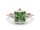 Rose gold Fancy Green Princess Cut Brilliant Diamond with Cluster Setting on a Beaded Band and Four-Prong Setting