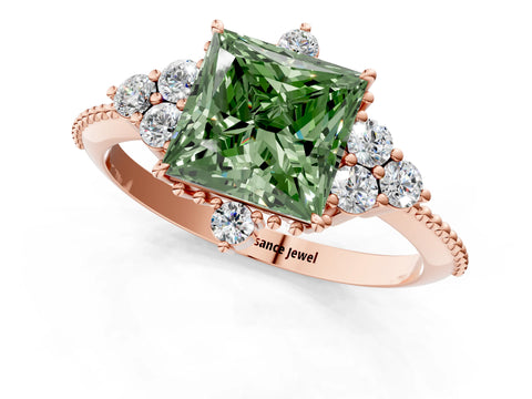 Rose gold Fancy Green Princess Cut Brilliant Diamond with Cluster Setting on a Beaded Band and Four-Prong Setting_1