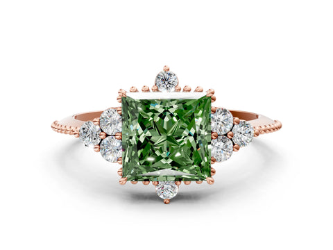 Rose gold Fancy Green Princess Cut Brilliant Diamond with Cluster Setting on a Beaded Band and Four-Prong Setting