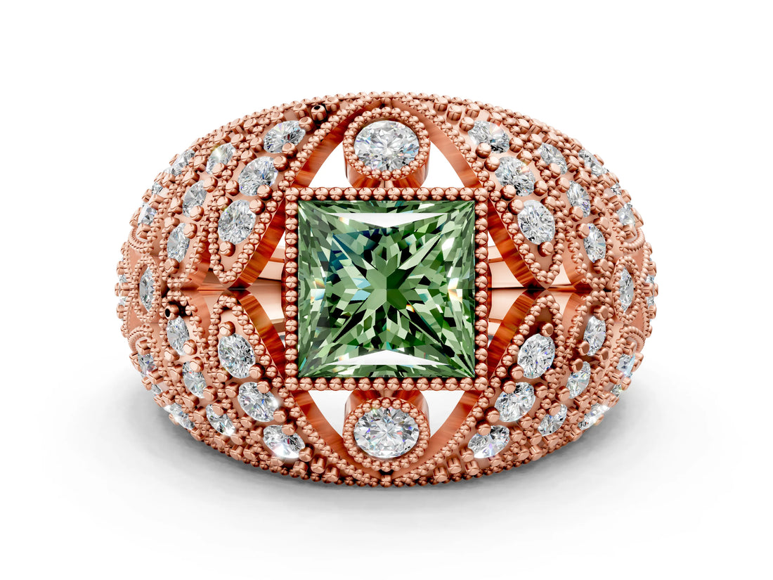 Rose gold Fancy Green Princess Cut Brilliant Halo Pave Diamond Milgrain Ring