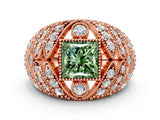 Rose gold Fancy Green Princess Cut Brilliant Halo Pave Diamond Milgrain Ring