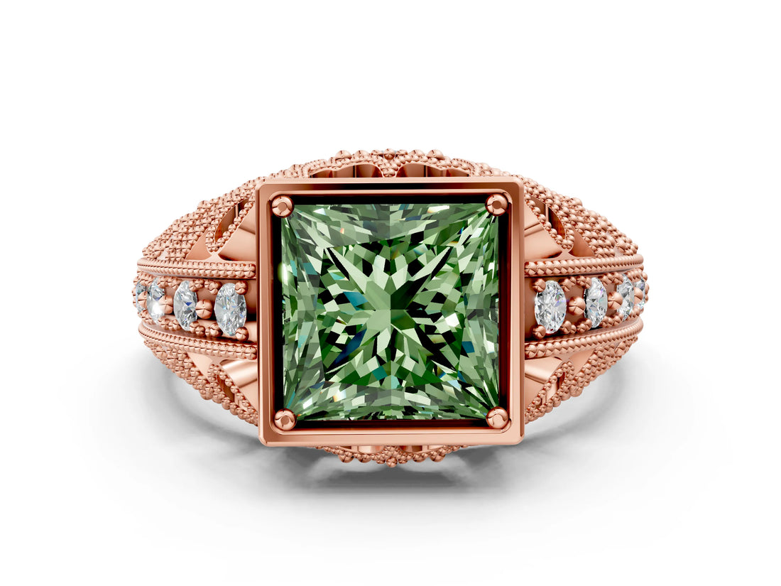 Rose gold Fancy Green Princess Cut Brilliant Milgrain Filigree Diamond Ring with Square Prong Setting