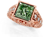 Rose gold Fancy Green Princess Cut Brilliant Milgrain Filigree Diamond Ring with Square Prong Setting_1