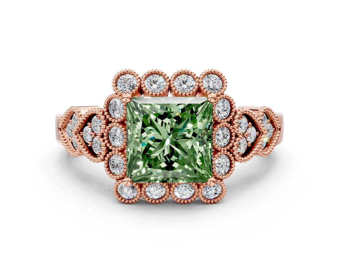 Rose gold Fancy Green Princess Cut Brilliant Milgrain Pave Heart Band Solitaire Ring_12