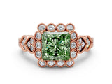 Rose gold Fancy Green Princess Cut Brilliant Milgrain Pave Heart Band Solitaire Ring_12