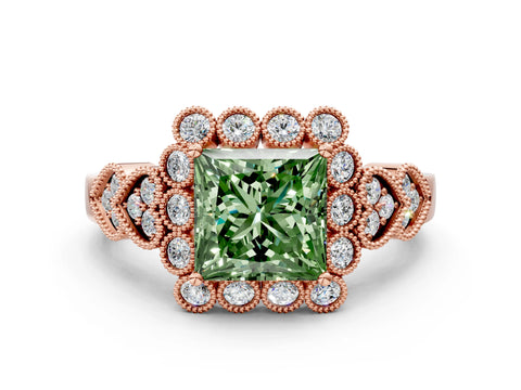 Rose gold Fancy Green Princess Cut Brilliant Milgrain Pave Heart Band Solitaire Ring_12