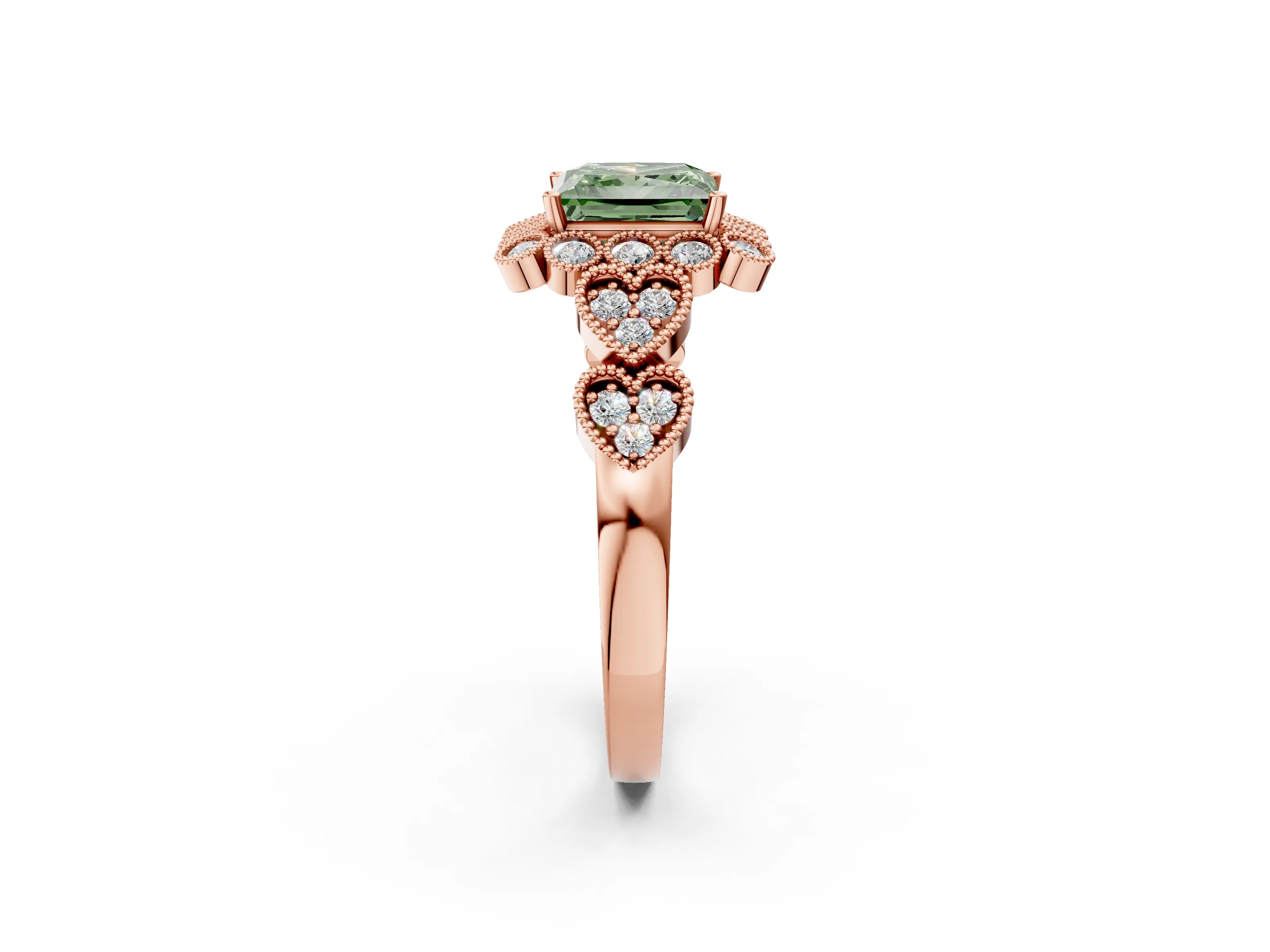 Rose gold Fancy Green Princess Cut Brilliant Milgrain Pave Heart Band Solitaire Ring_14