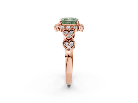 Rose gold Fancy Green Princess Cut Brilliant Milgrain Pave Heart Band Solitaire Ring_14