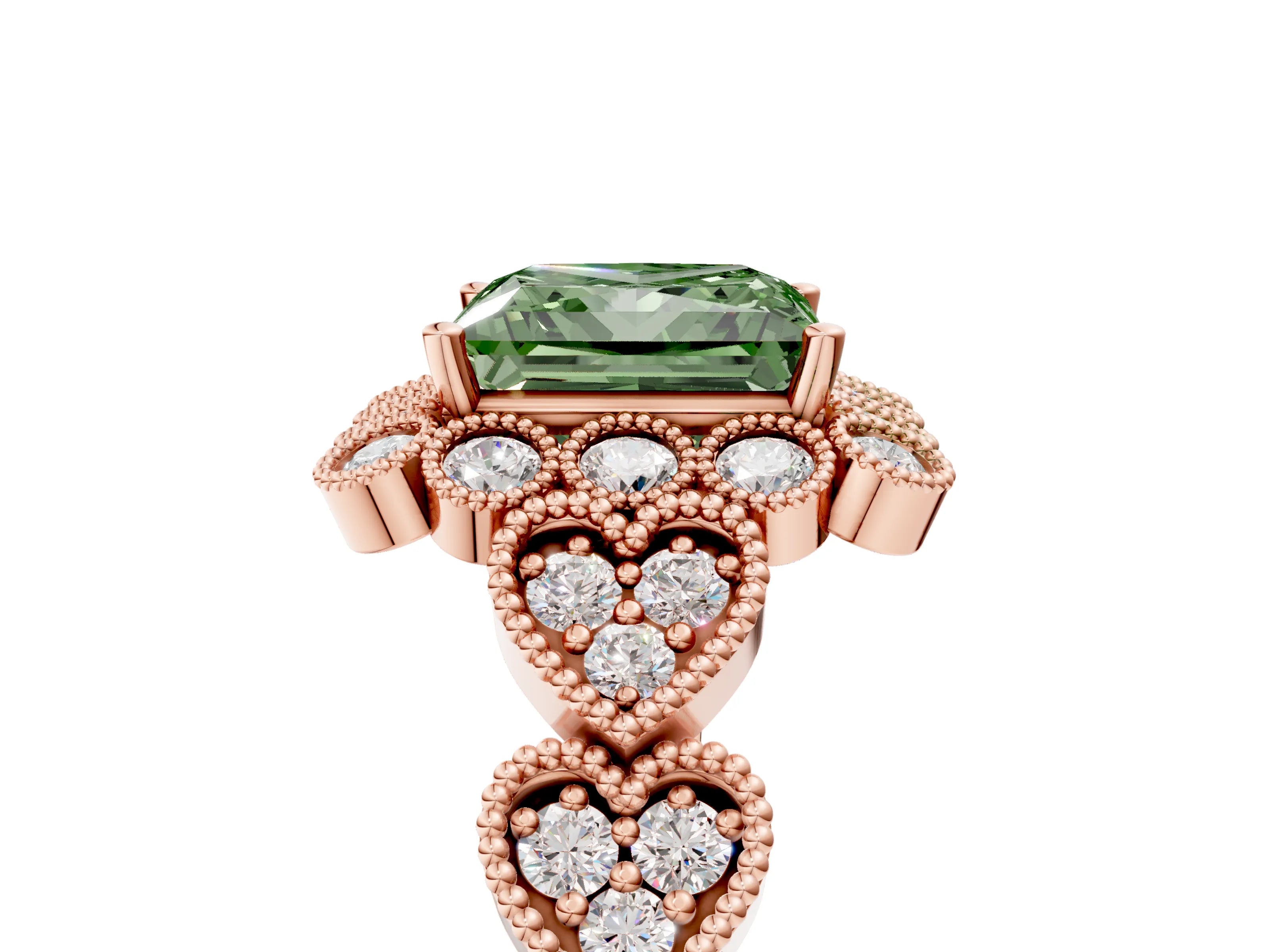 Rose gold Fancy Green Princess Cut Brilliant Milgrain Pave Heart Band Solitaire Ring_17