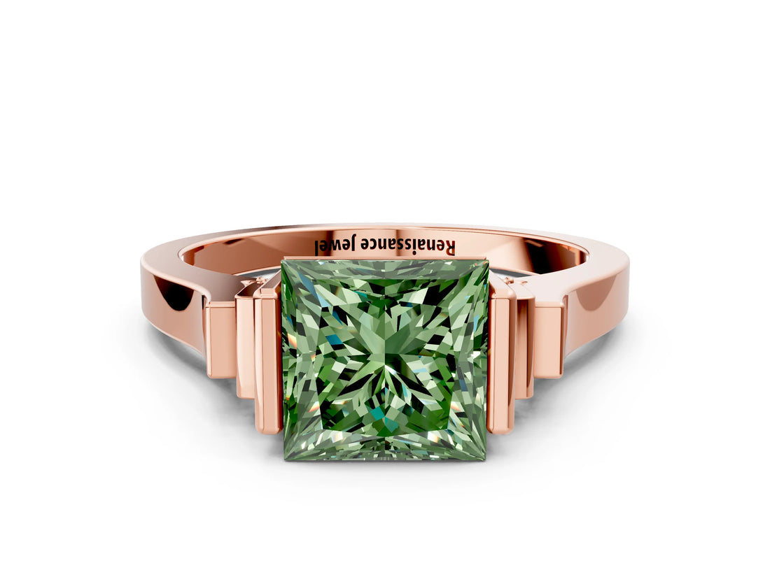 Rose gold Fancy Green Princess Cut Brilliant Solitaire Diamond Ring with Channel Set Band and Bar Prong Setting