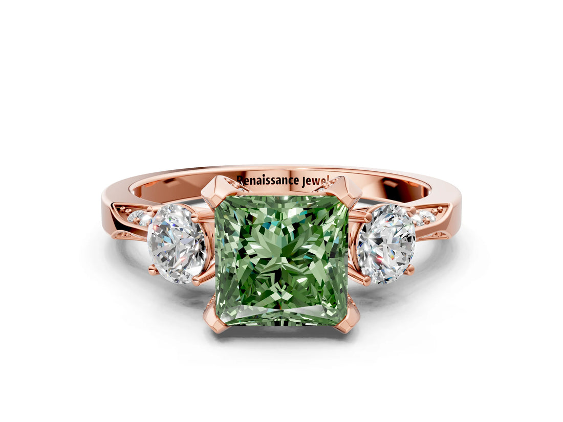 Rose gold Fancy Green Princess Cut Brilliant Three-Stone Diamond Ring with Pavé Band and Four-Prong Setting_3