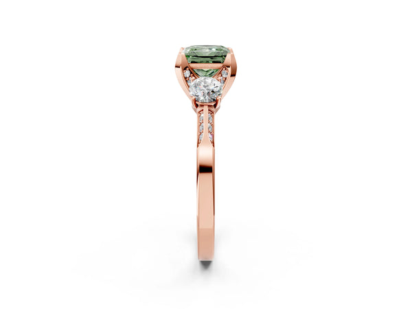 Rose Gold Princess Cut Three Stone Hidden Halo Engagement Ring Setting for Fancy Green Center