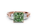 Rose gold Fancy Green Princess Cut Brilliant Three-Stone Pave Band with Four-Prong Setting