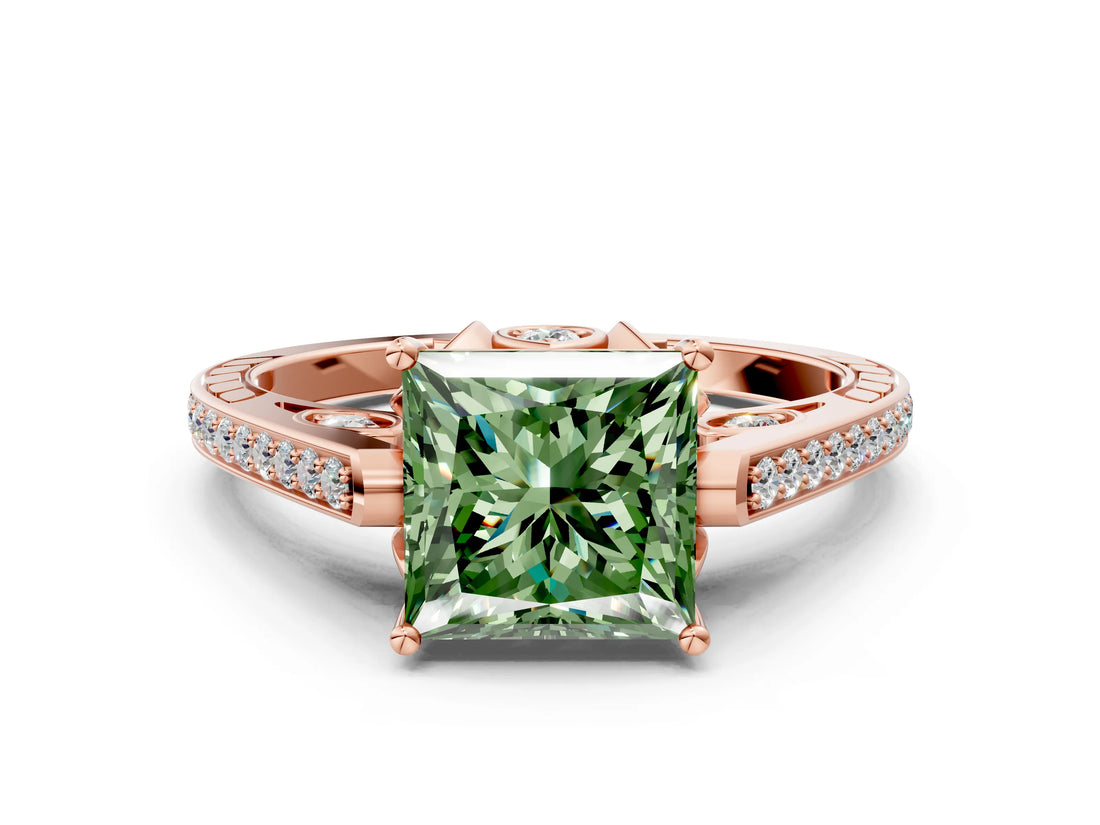 Rose gold Fancy Green Princess  Cut Cathedral Pave Diamond Engagement Ring with Six-Prong Setting_31